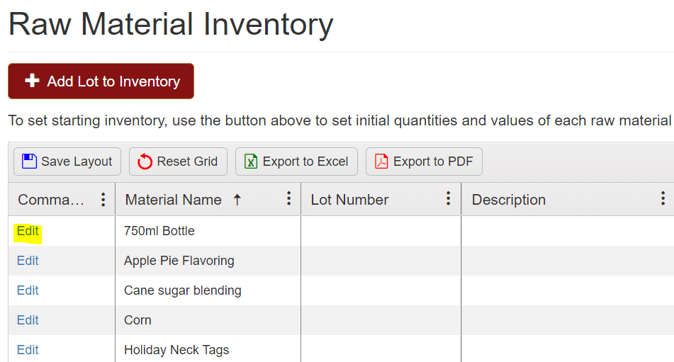 Starting Raw Material Inventory Whiskey Systems